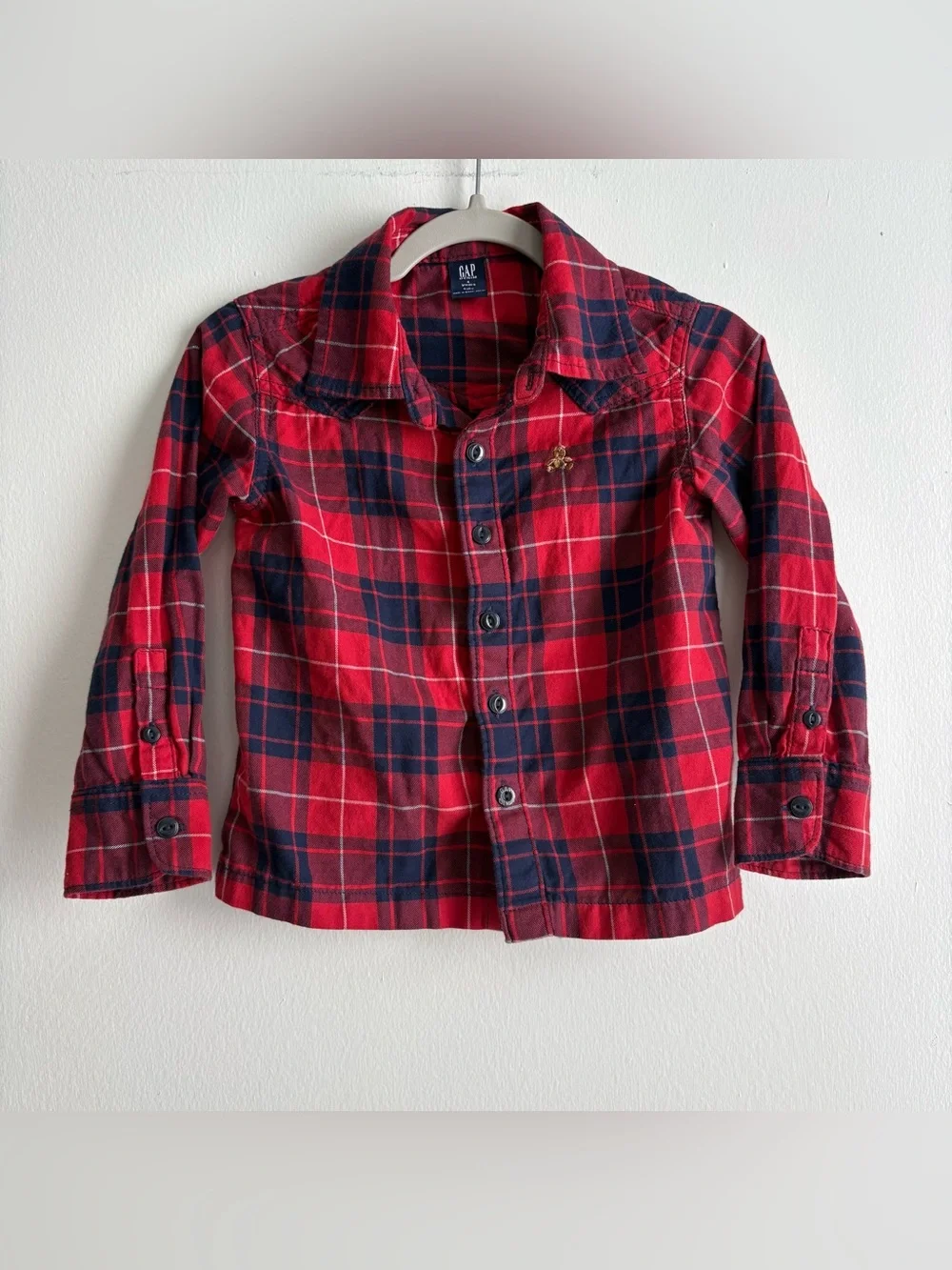 GAP Denim Boys Plaid Bear Button-Up Shirt Red/Navy/White Long Sleeve 4Y